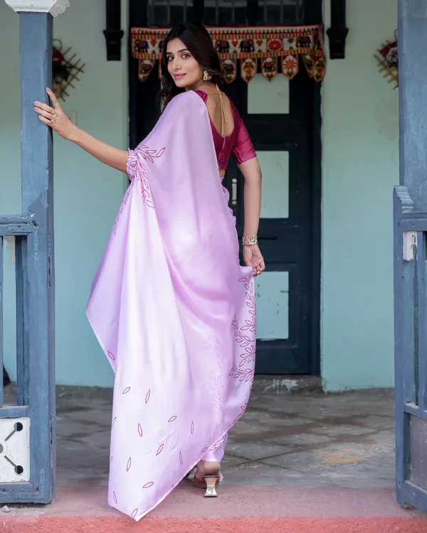 Lilac_Pink_Designer_Freehand_Saree_with_Maroon_Leaf_Motif_&_Wine__Satin_Georgette_Handsfree_Pallu_Style_With_Unstitched_Blouse