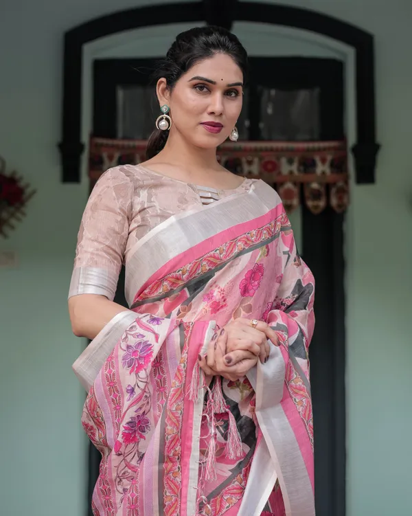 Dusty_Pink_Linen_Floral_Printed_Saree_with_Elegant_Border_and_Tassel_Detailing_with_Unstitched_Blouse_for_Women