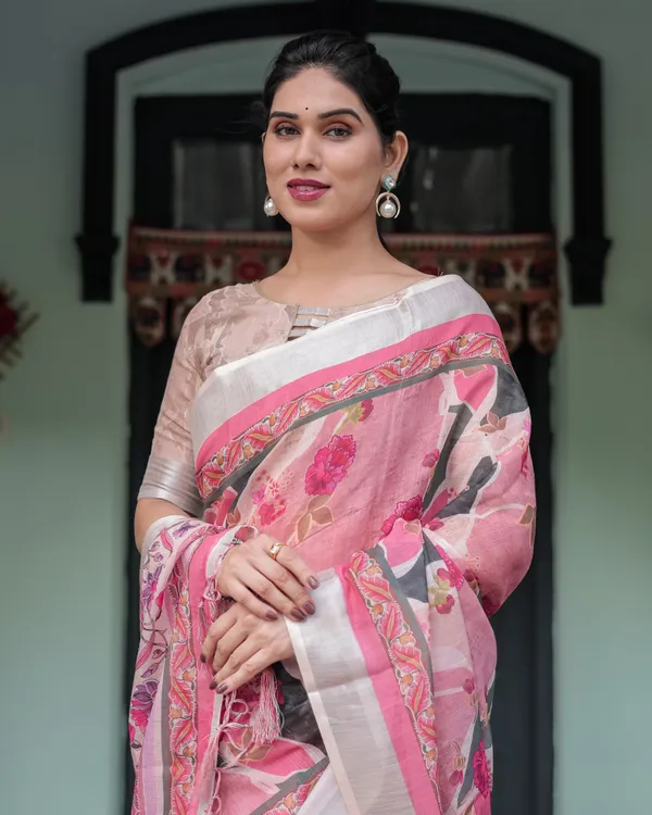 Dusty_Pink_Linen_Floral_Printed_Saree_with_Elegant_Border_and_Tassel_Detailing_with_Unstitched_Blouse_for_Women