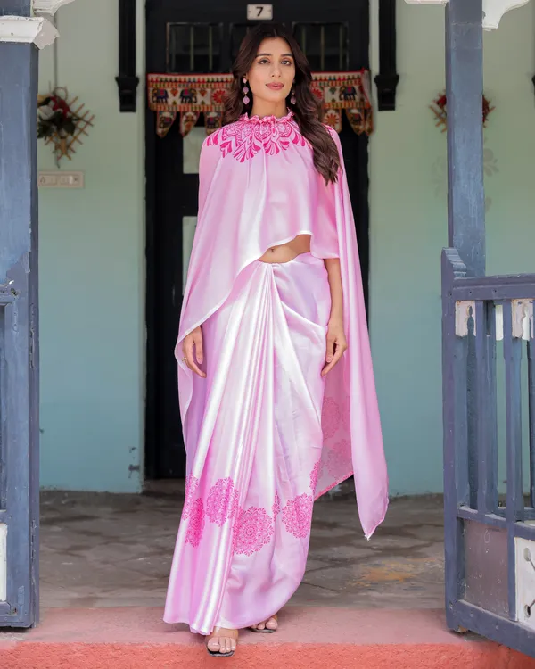 Elegant_Baby_Pink_Satin_Feel_Saree_with_Mandala_Print_&_Hot_Pink_Blouse_Designer_Partywear_Saree_with_Attached_Piece_With_Unstitched_Blouse