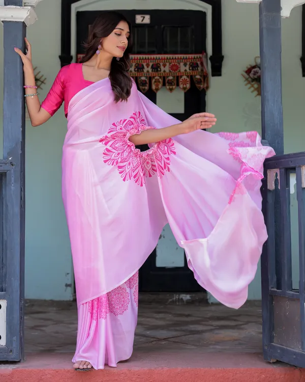 Elegant_Baby_Pink_Satin_Feel_Saree_with_Mandala_Print_&_Hot_Pink_Blouse_Designer_Partywear_Saree_with_Attached_Piece_With_Unstitched_Blouse