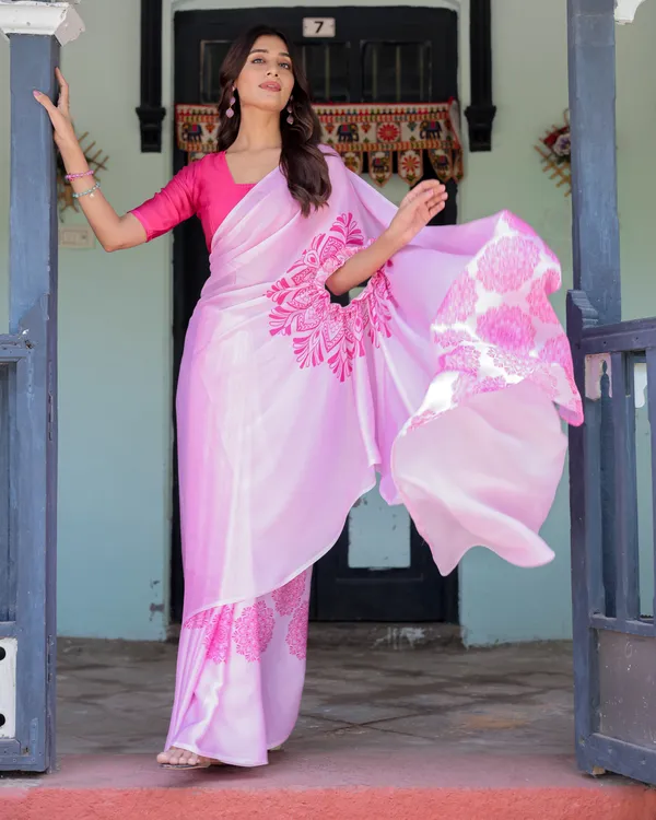 Elegant_Baby_Pink_Satin_Feel_Saree_with_Mandala_Print_&_Hot_Pink_Blouse_Designer_Partywear_Saree_with_Attached_Piece_With_Unstitched_Blouse