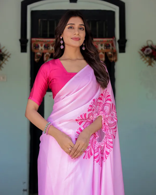 Elegant_Baby_Pink_Satin_Feel_Saree_with_Mandala_Print_&_Hot_Pink_Blouse_Designer_Partywear_Saree_with_Attached_Piece_With_Unstitched_Blouse