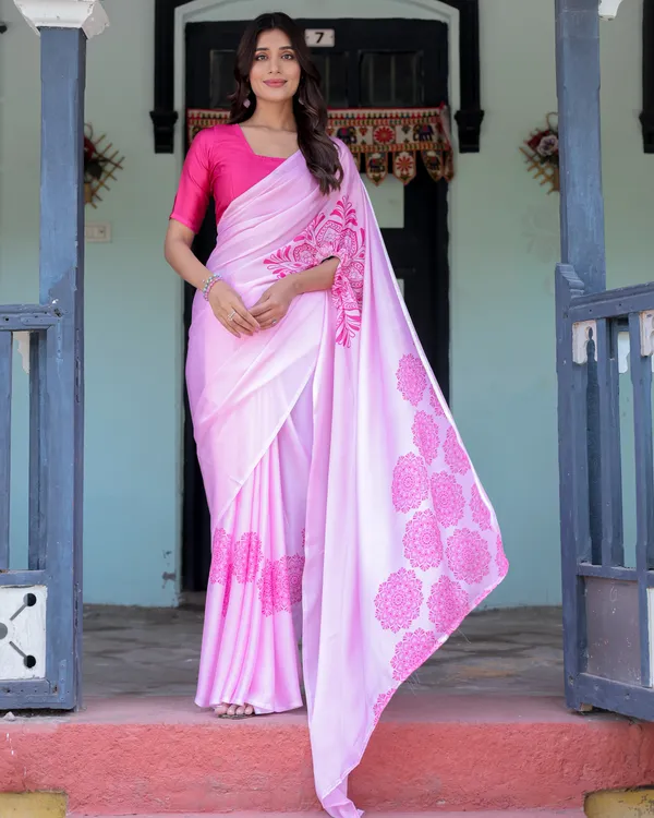 Elegant_Baby_Pink_Satin_Feel_Saree_with_Mandala_Print_&_Hot_Pink_Blouse_Designer_Partywear_Saree_with_Attached_Piece_With_Unstitched_Blouse