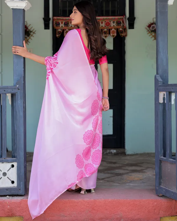 Elegant_Baby_Pink_Satin_Feel_Saree_with_Mandala_Print_&_Hot_Pink_Blouse_Designer_Partywear_Saree_with_Attached_Piece_With_Unstitched_Blouse