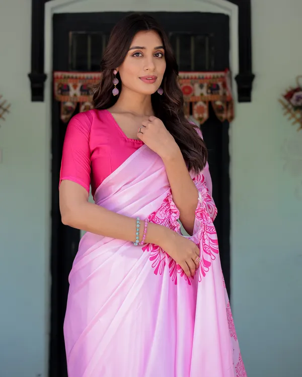 Elegant_Baby_Pink_Satin_Feel_Saree_with_Mandala_Print_&_Hot_Pink_Blouse_Designer_Partywear_Saree_with_Attached_Piece_With_Unstitched_Blouse