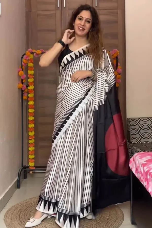 Black_&_Off_White_Designer_Ajrakh_Bindi_Japan_Silk_Saree_with_Traditional_Motifs