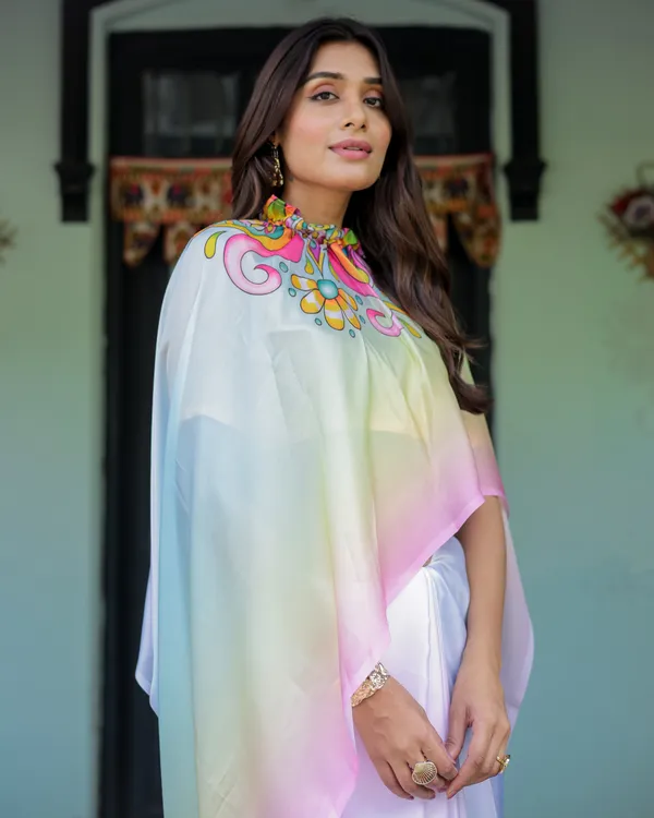 White_Designer_Freehand_Saree_with_Multicolor_Art_Pallu_&_Yellow__Satin_Georgette_Handsfree_Draping_Feature_With_Unstitched_Blouse