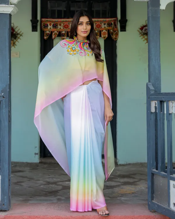 White_Designer_Freehand_Saree_with_Multicolor_Art_Pallu_&_Yellow__Satin_Georgette_Handsfree_Draping_Feature_With_Unstitched_Blouse