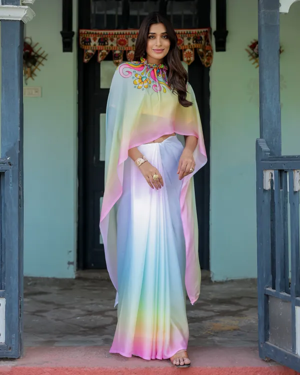 White_Designer_Freehand_Saree_with_Multicolor_Art_Pallu_&_Yellow__Satin_Georgette_Handsfree_Draping_Feature_With_Unstitched_Blouse