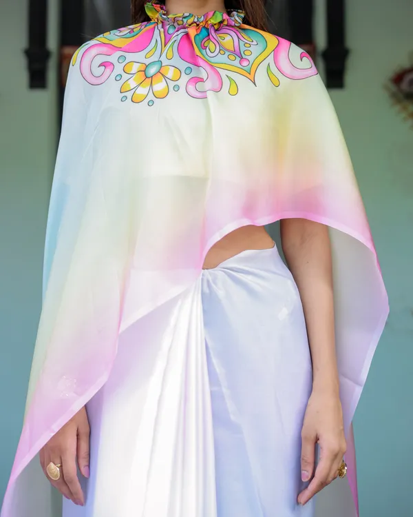 White_Designer_Freehand_Saree_with_Multicolor_Art_Pallu_&_Yellow__Satin_Georgette_Handsfree_Draping_Feature_With_Unstitched_Blouse