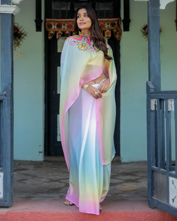 White_Designer_Freehand_Saree_with_Multicolor_Art_Pallu_&_Yellow__Satin_Georgette_Handsfree_Draping_Feature_With_Unstitched_Blouse