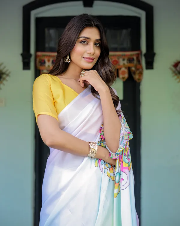 White_Designer_Freehand_Saree_with_Multicolor_Art_Pallu_&_Yellow__Satin_Georgette_Handsfree_Draping_Feature_With_Unstitched_Blouse