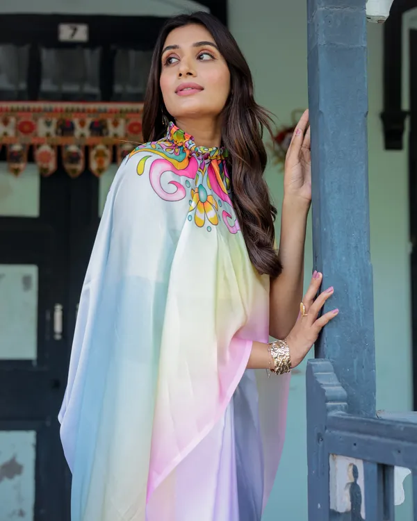 White_Designer_Freehand_Saree_with_Multicolor_Art_Pallu_&_Yellow__Satin_Georgette_Handsfree_Draping_Feature_With_Unstitched_Blouse