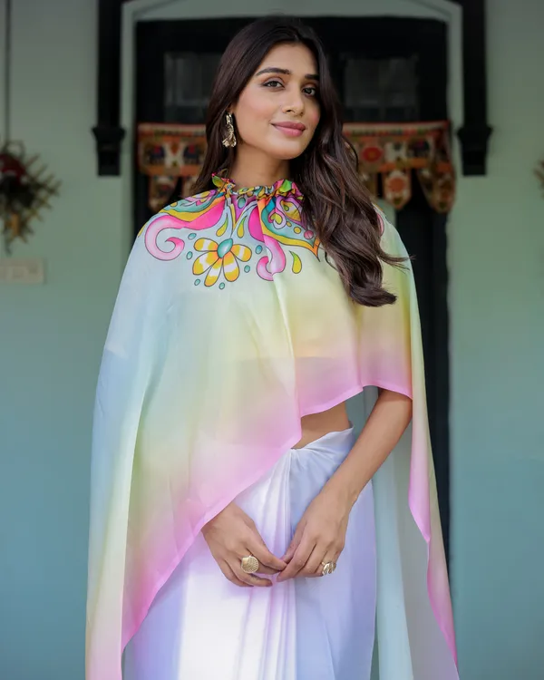 White_Designer_Freehand_Saree_with_Multicolor_Art_Pallu_&_Yellow__Satin_Georgette_Handsfree_Draping_Feature_With_Unstitched_Blouse