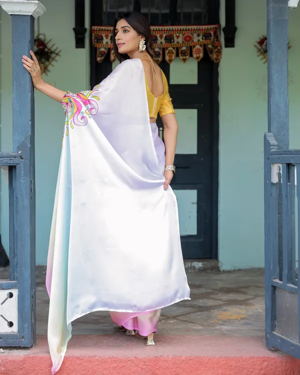 White_Designer_Freehand_Saree_with_Multicolor_Art_Pallu_&_Yellow__Satin_Georgette_Handsfree_Draping_Feature_With_Unstitched_Blouse