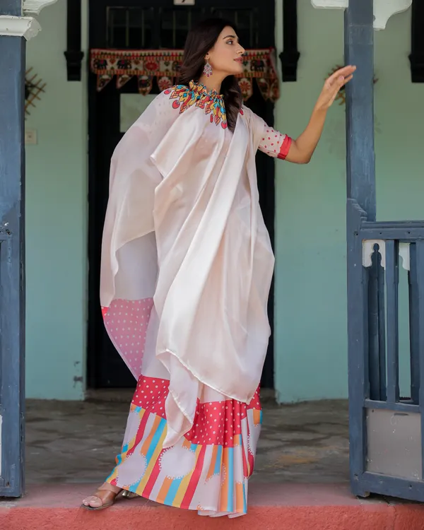 Beige_Pink_Satin_Georgette_Saree_with_Multicolor_Flame_Mandala_Pallu_&_Red_Polka_Dot_Handsfree_Pallu_Loop_Design_With_Unstitched_Blouse