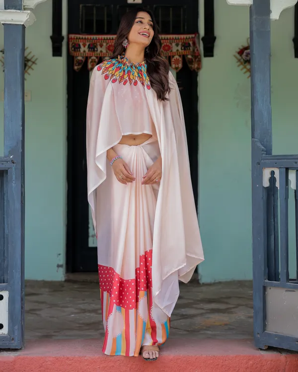 Beige_Pink_Satin_Georgette_Saree_with_Multicolor_Flame_Mandala_Pallu_&_Red_Polka_Dot_Handsfree_Pallu_Loop_Design_With_Unstitched_Blouse