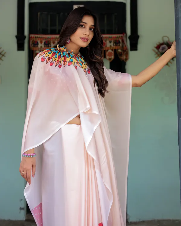 Beige_Pink_Satin_Georgette_Saree_with_Multicolor_Flame_Mandala_Pallu_&_Red_Polka_Dot_Handsfree_Pallu_Loop_Design_With_Unstitched_Blouse