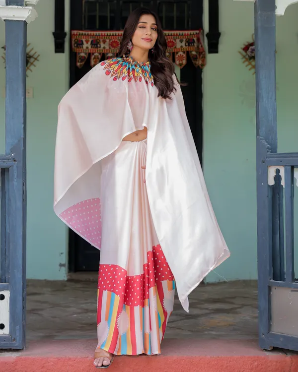 Beige_Pink_Satin_Georgette_Saree_with_Multicolor_Flame_Mandala_Pallu_&_Red_Polka_Dot_Handsfree_Pallu_Loop_Design_With_Unstitched_Blouse