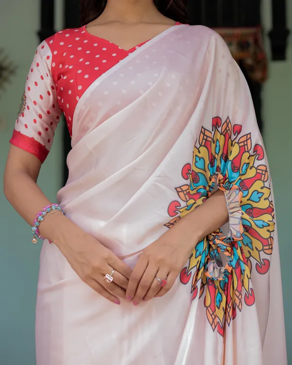 Beige_Pink_Satin_Georgette_Saree_with_Multicolor_Flame_Mandala_Pallu_&_Red_Polka_Dot_Handsfree_Pallu_Loop_Design_With_Unstitched_Blouse