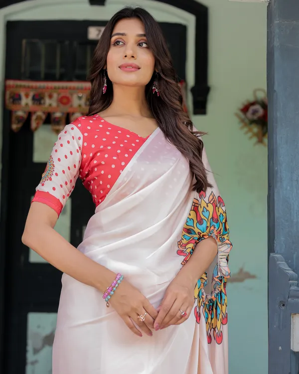 Beige_Pink_Satin_Georgette_Saree_with_Multicolor_Flame_Mandala_Pallu_&_Red_Polka_Dot_Handsfree_Pallu_Loop_Design_With_Unstitched_Blouse