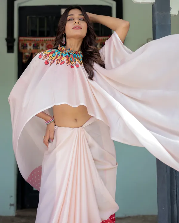 Beige_Pink_Satin_Georgette_Saree_with_Multicolor_Flame_Mandala_Pallu_&_Red_Polka_Dot_Handsfree_Pallu_Loop_Design_With_Unstitched_Blouse
