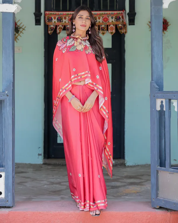 Coral_Pink_Satin_Georgette_Saree_with_Floral_Mandala_Print_&_Checked_Striped_Designer_Handsfree_Pallu_Loop_With_Unstitched_Blouse