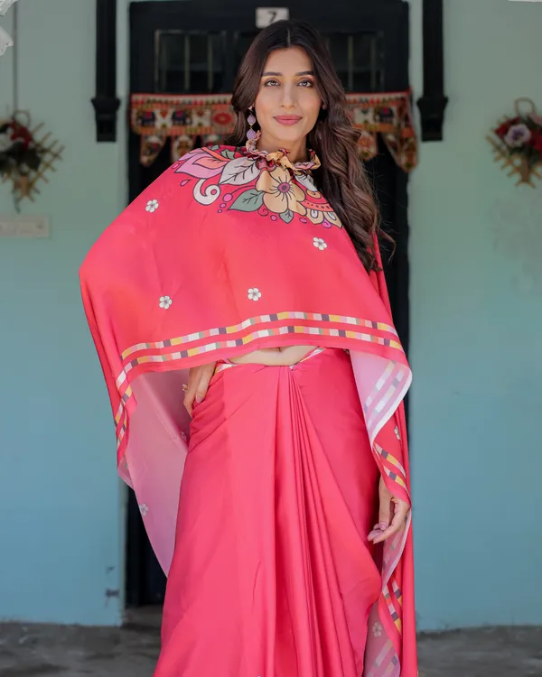 Coral_Pink_Satin_Georgette_Saree_with_Floral_Mandala_Print_&_Checked_Striped_Designer_Handsfree_Pallu_Loop_With_Unstitched_Blouse