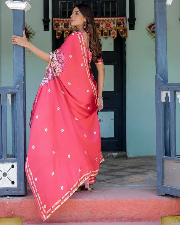 Coral_Pink_Satin_Georgette_Saree_with_Floral_Mandala_Print_&_Checked_Striped_Designer_Handsfree_Pallu_Loop_With_Unstitched_Blouse