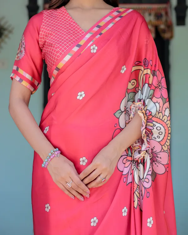 Coral_Pink_Satin_Georgette_Saree_with_Floral_Mandala_Print_&_Checked_Striped_Designer_Handsfree_Pallu_Loop_With_Unstitched_Blouse