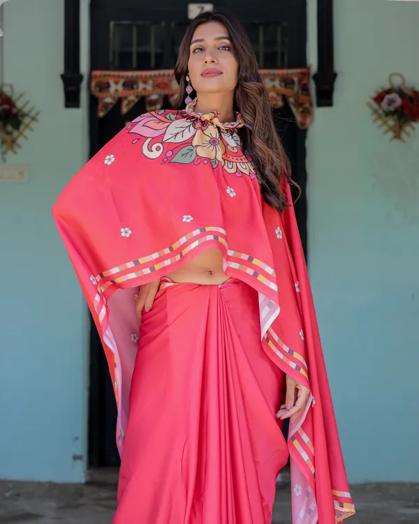 Coral_Pink_Satin_Georgette_Saree_with_Floral_Mandala_Print_&_Checked_Striped_Designer_Handsfree_Pallu_Loop_With_Unstitched_Blouse