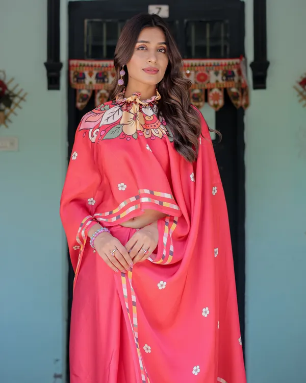 Coral_Pink_Satin_Georgette_Saree_with_Floral_Mandala_Print_&_Checked_Striped_Designer_Handsfree_Pallu_Loop_With_Unstitched_Blouse