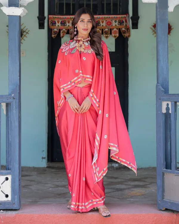 Coral_Pink_Satin_Georgette_Saree_with_Floral_Mandala_Print_&_Checked_Striped_Designer_Handsfree_Pallu_Loop_With_Unstitched_Blouse