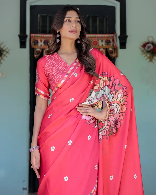 Coral_Pink_Satin_Georgette_Saree_with_Floral_Mandala_Print_&_Checked_Striped_Designer_Handsfree_Pallu_Loop_With_Unstitched_Blouse