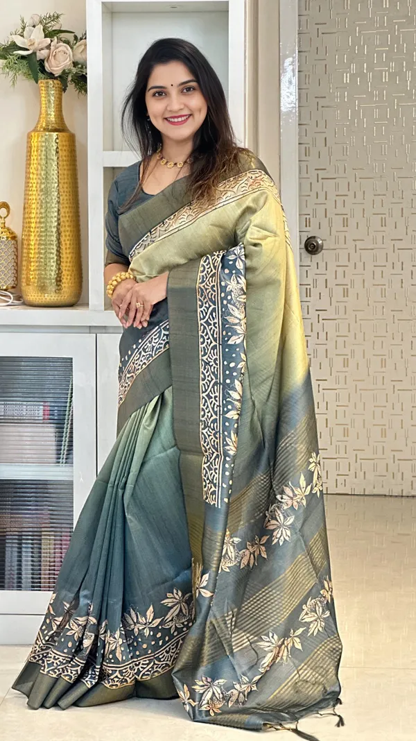 Soft_Tussar_Silk_sarees_with_Beautiful_Print_With_Attractive_Border_And_Contrast_Print_Blouse_With_Tassels_(Lunar_green)