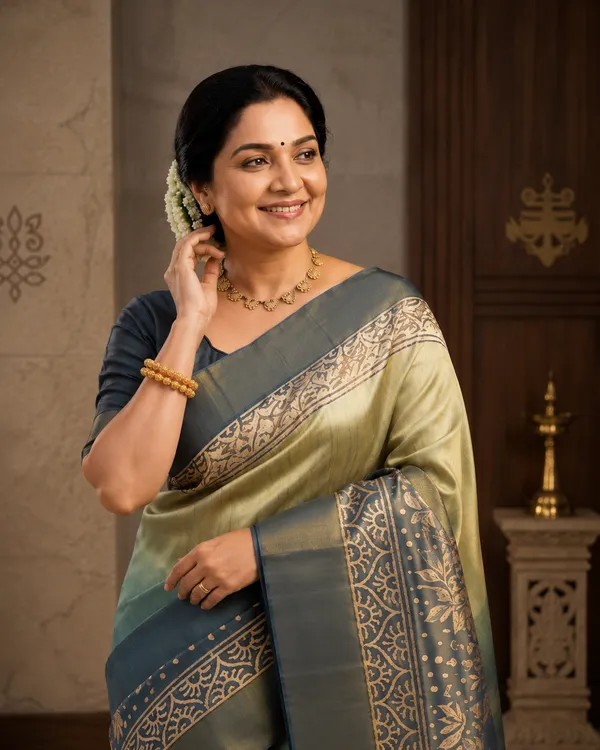 Soft_Tussar_Silk_sarees_with_Beautiful_Print_With_Attractive_Border_And_Contrast_Print_Blouse_With_Tassels_(Lunar_green)