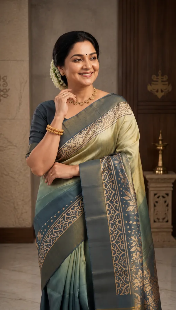 Soft_Tussar_Silk_sarees_with_Beautiful_Print_With_Attractive_Border_And_Contrast_Print_Blouse_With_Tassels_(Lunar_green)