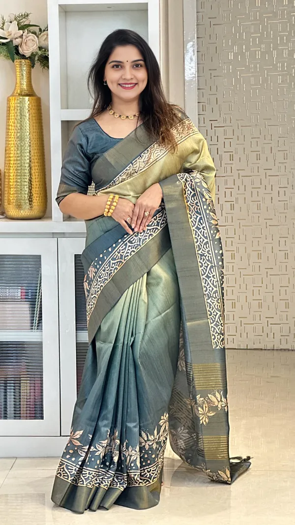 Soft_Tussar_Silk_sarees_with_Beautiful_Print_With_Attractive_Border_And_Contrast_Print_Blouse_With_Tassels_(Lunar_green)