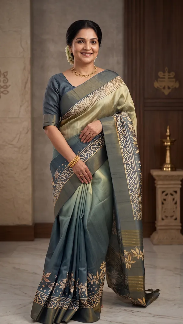 Soft_Tussar_Silk_sarees_with_Beautiful_Print_With_Attractive_Border_And_Contrast_Print_Blouse_With_Tassels_(Lunar_green)