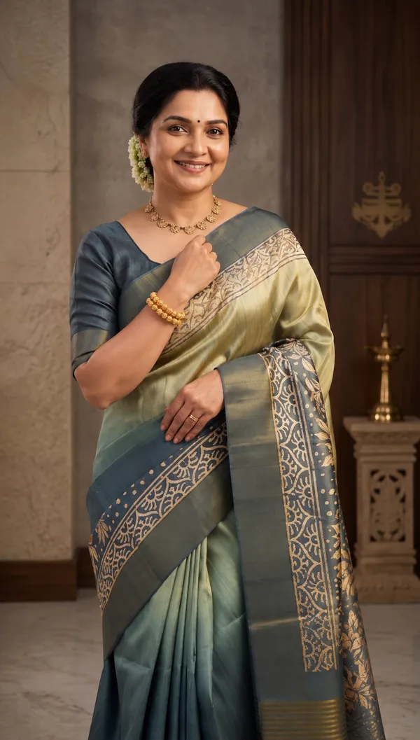 Soft_Tussar_Silk_sarees_with_Beautiful_Print_With_Attractive_Border_And_Contrast_Print_Blouse_With_Tassels_(Lunar_green)