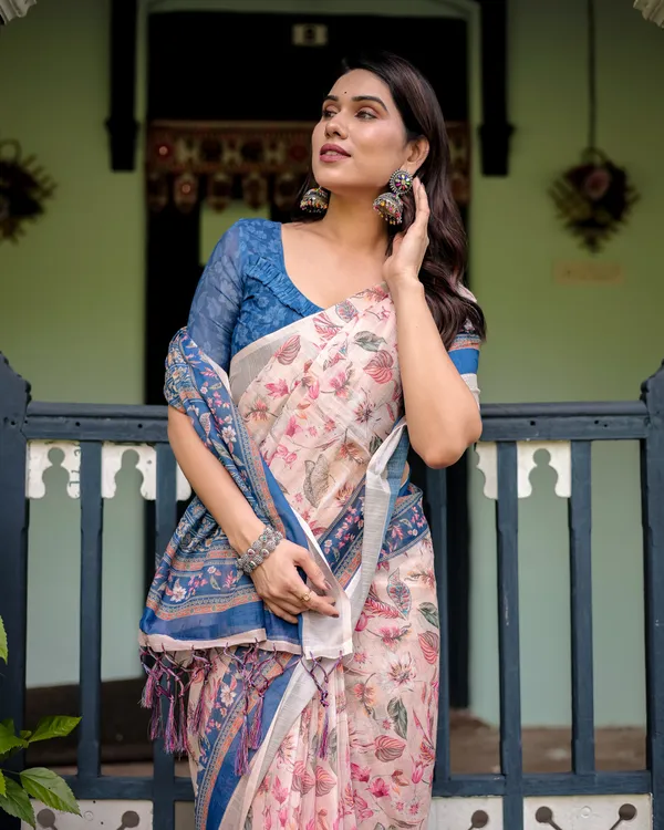 Pure_Cotton_Linen_Saree_Blue_Floral_Border_and_Pink_Leaf_Design_with_Tassels_on_Edges_With_Unstitched_Blouse