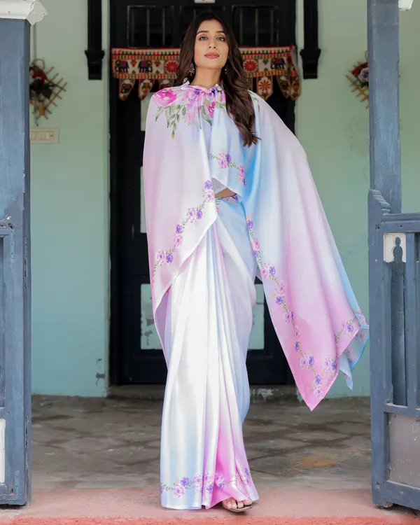 Pastel_White_Satin_Georgette_Saree_with_Purple_Rose_Floral_Print_&_Rani_Pink__Handsfree_Pallu_Design_With_Unstitched_Blouse