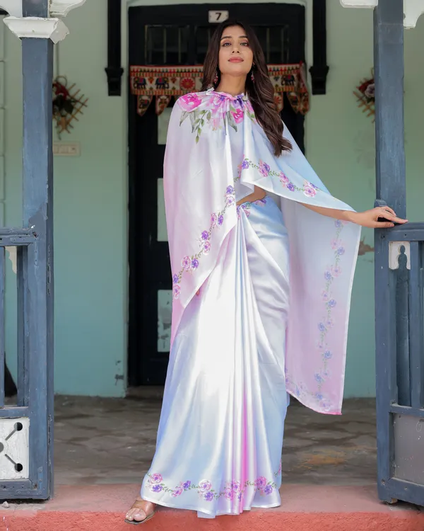 Pastel_White_Satin_Georgette_Saree_with_Purple_Rose_Floral_Print_&_Rani_Pink__Handsfree_Pallu_Design_With_Unstitched_Blouse