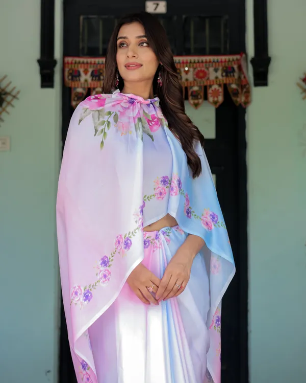 Pastel_White_Satin_Georgette_Saree_with_Purple_Rose_Floral_Print_&_Rani_Pink__Handsfree_Pallu_Design_With_Unstitched_Blouse