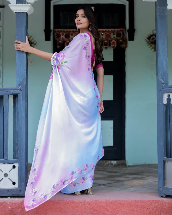 Pastel_White_Satin_Georgette_Saree_with_Purple_Rose_Floral_Print_&_Rani_Pink__Handsfree_Pallu_Design_With_Unstitched_Blouse