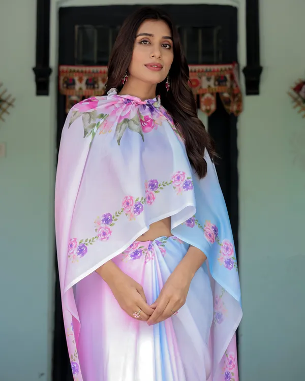Pastel_White_Satin_Georgette_Saree_with_Purple_Rose_Floral_Print_&_Rani_Pink__Handsfree_Pallu_Design_With_Unstitched_Blouse