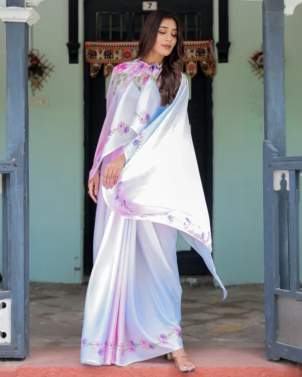 Pastel_White_Satin_Georgette_Saree_with_Purple_Rose_Floral_Print_&_Rani_Pink__Handsfree_Pallu_Design_With_Unstitched_Blouse
