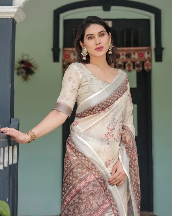 Ivory_Beige_Linen_Printed_Saree_with_Traditional_Border_Design_and_Tassel_Detailing_with_Unstitched_Blouse_for_Women