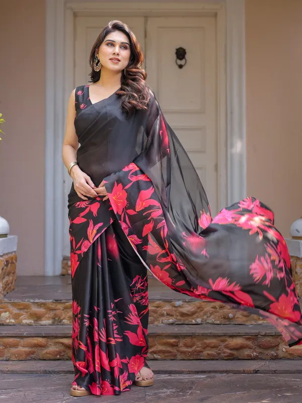 Black_Red_Floral_Printed_Satin_Georgette_Saree_for_Women_with_Designer_Blouse_|_Elegant_Party_Wear_Saree